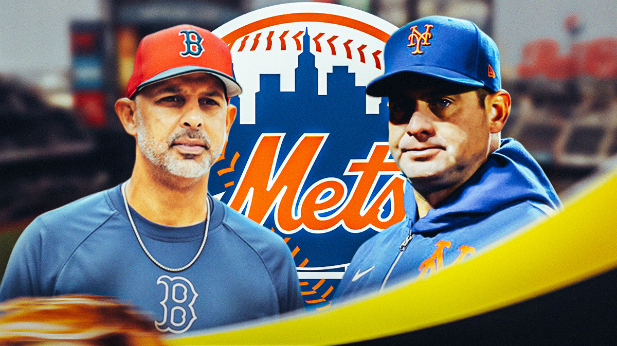 Mets Carlos Mendoza looking intently at Red Sox Alex Cora