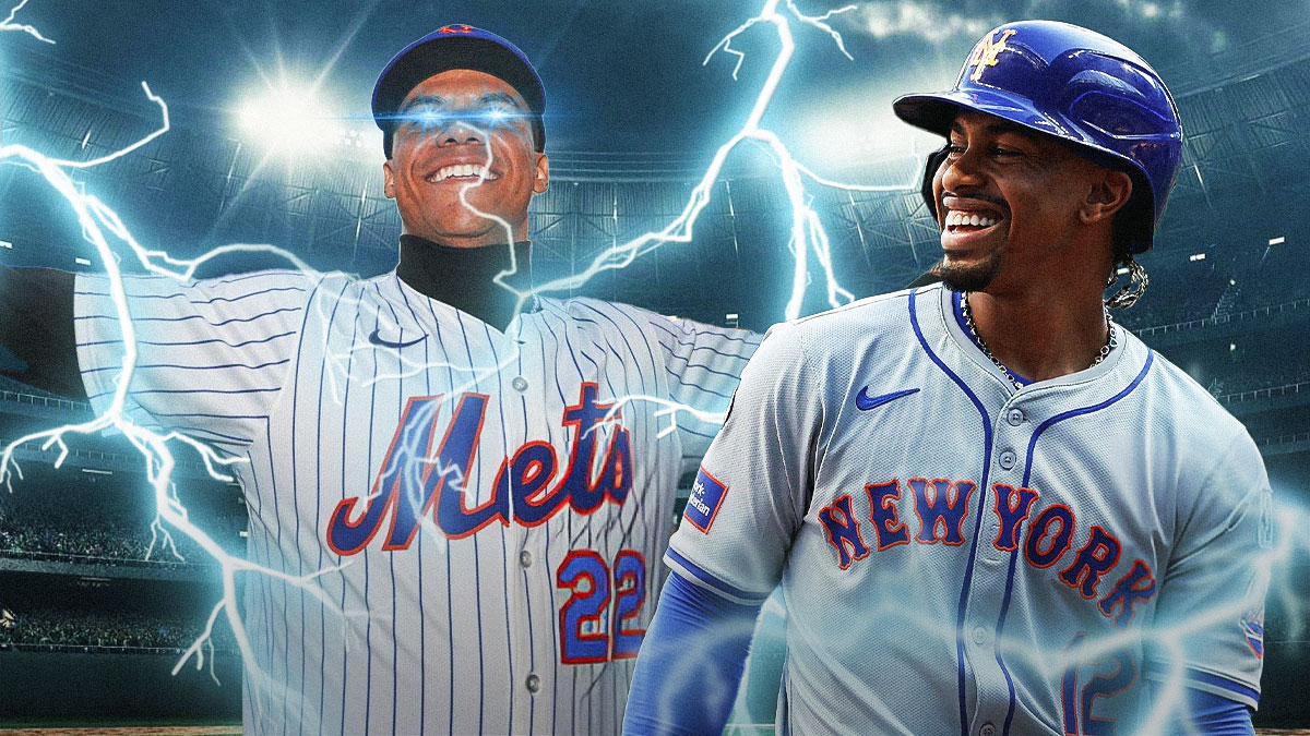 Mets' Francisco Lindor smiling at Juan Soto in a Mets uniform, with Soto covered in lightning like Thor