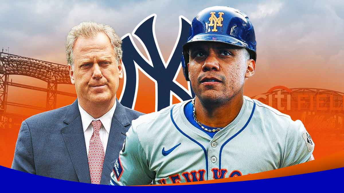 Michael Kay looking angry, with question marks all over, Juan Soto in a Mets uniform beside him and Yankees logo beside them