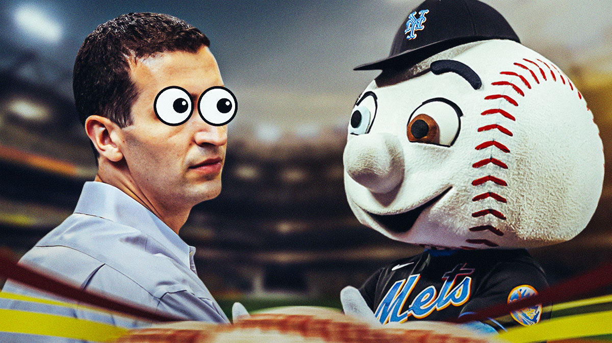 David Stearns (New York Mets executive) with woke eyes and the Mets mascot (Mr. Met) in the background