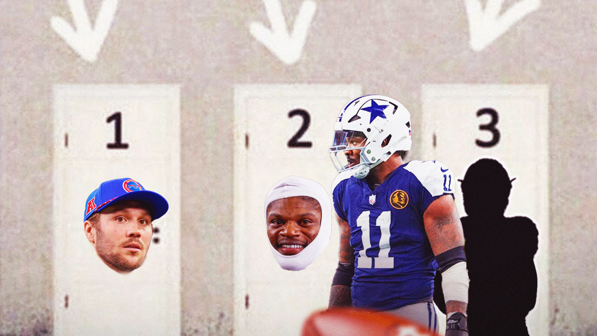 Dallas Cowboys' Micah Parsons standing in front of three doors. Buffalo Bills QB Josh Allen's face over door #1, Baltimore Ravens QB Lamar Jackson's face over door #2, and a SILHOUETTE of Cincinnati Bengals QB Joe Burrow over door #3.