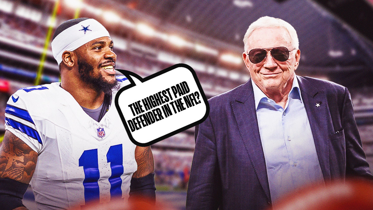 Micah Parsons with a text bubble reading "The highest paid defender in the NFL?" next to Jerry Jones with the Cowboys stadium as the background.