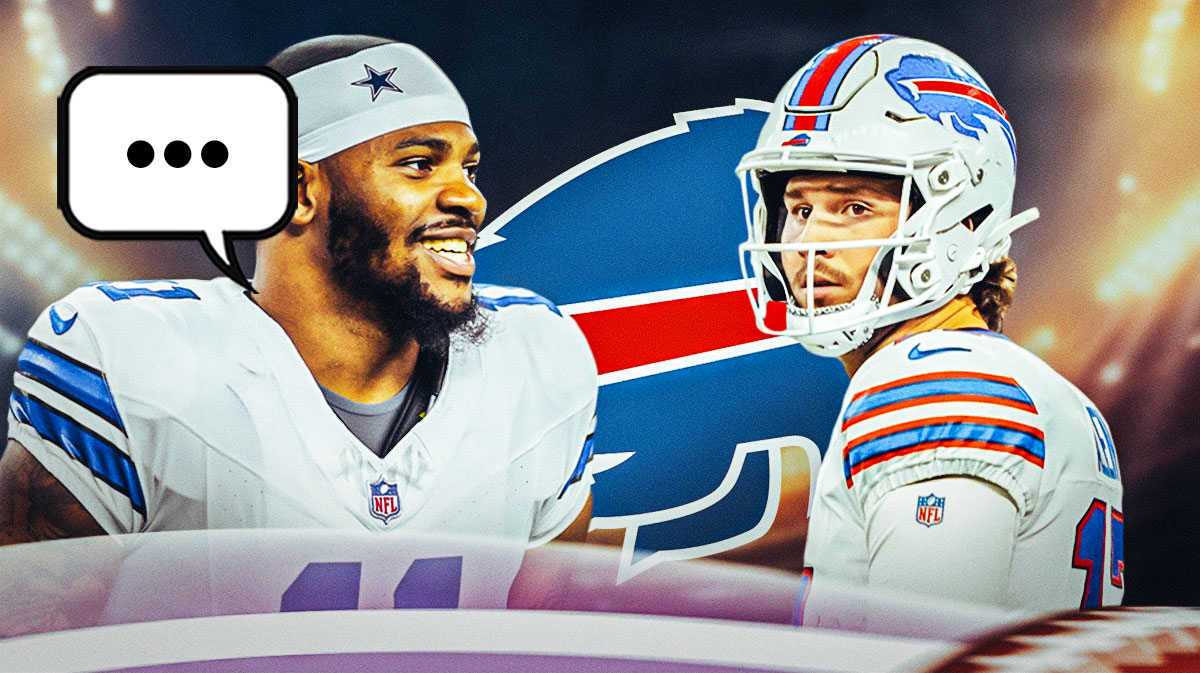 Dallas Cowboys linebacker Micah Parsons with a speech bubble that has the three dots emoji inside. He is next to Buffalo Bills QB Josh Allen. There is also a logo for the Buffalo Bills.