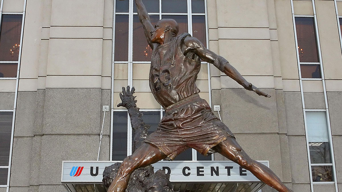 Statue of Michael Jordan outside the United Center before the game between the Chicago Bulls and Miami Heat.