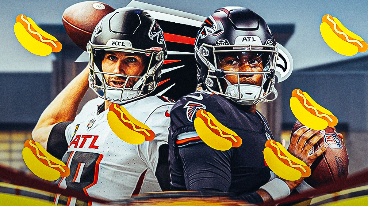 Atlanta Falcons QB Michael Penix Jr. with QB Kirk Cousins. They are surrounded by hot dog emojis (🌭). The background of the image is a Costco store. There is also a logo for the Atlanta Falcons.