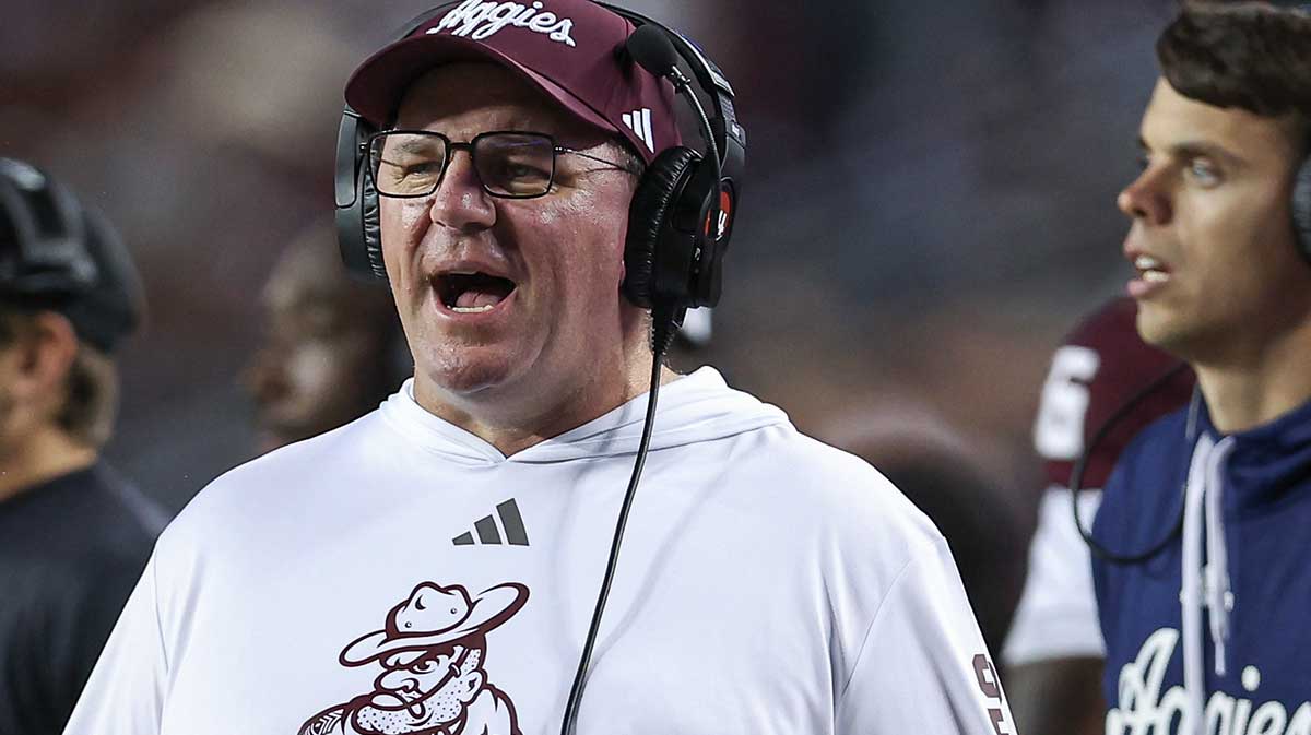Nov 30, 2024; College Station, Texas, USA; Texas A&M Aggies head coach Mike Elko reacts during the third quarter against the Texas Longhorns at Kyle Field.