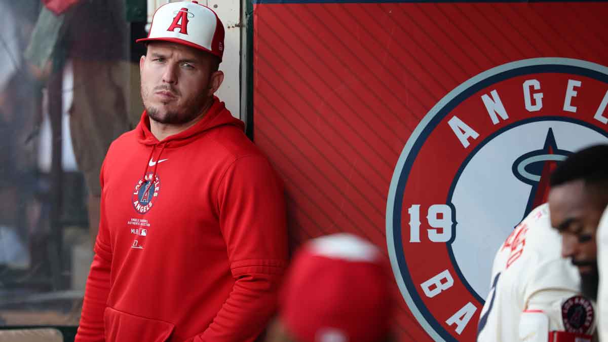 Los Angeles Angels outfielder Mike Trout (27) in the dugout during the MLB game against the New York Mets at Angel Stadium.