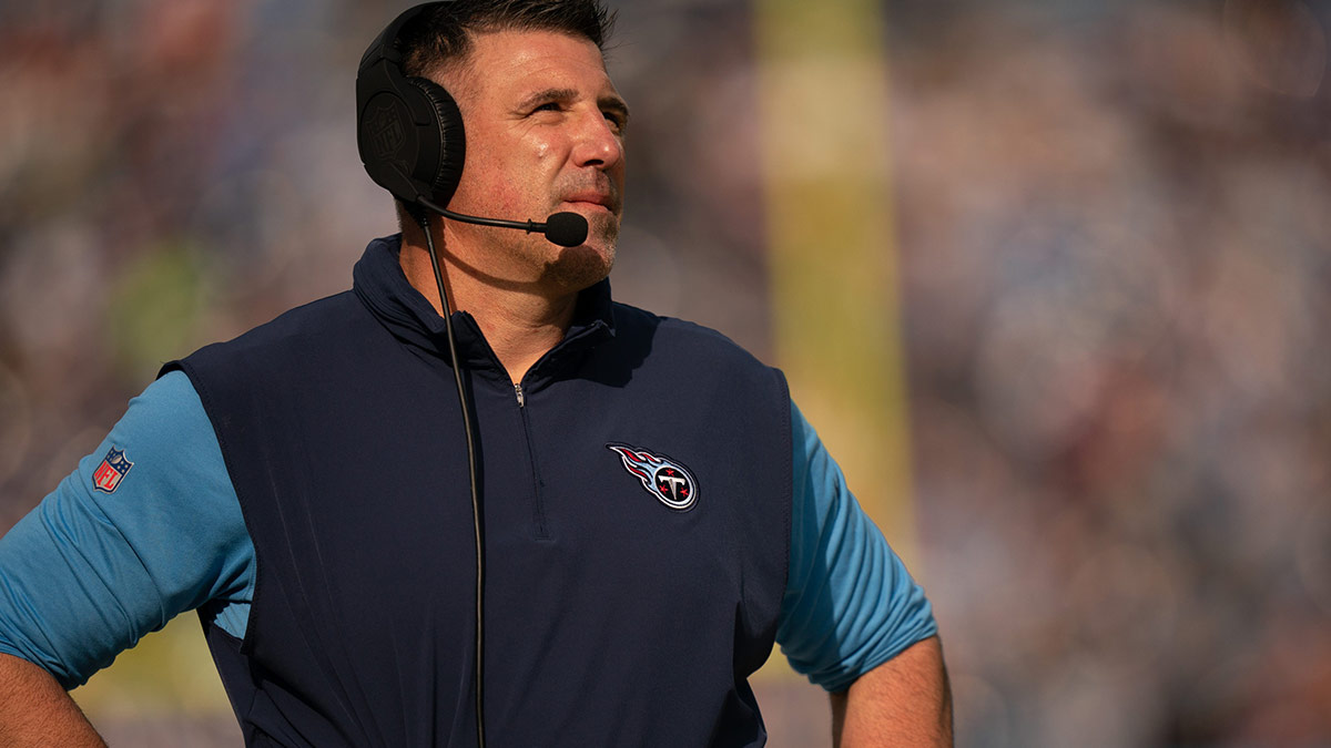 Tennessee Titans Head Coach Mike Vrabel reacts to a Titans penalty against the Seattle Seahawks during their game