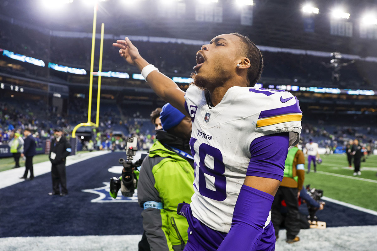 Minnesota Vikings wide receiver Justin Jefferson (18) celebrates following a victory against the Seattle Seahawks at Lumen Field.