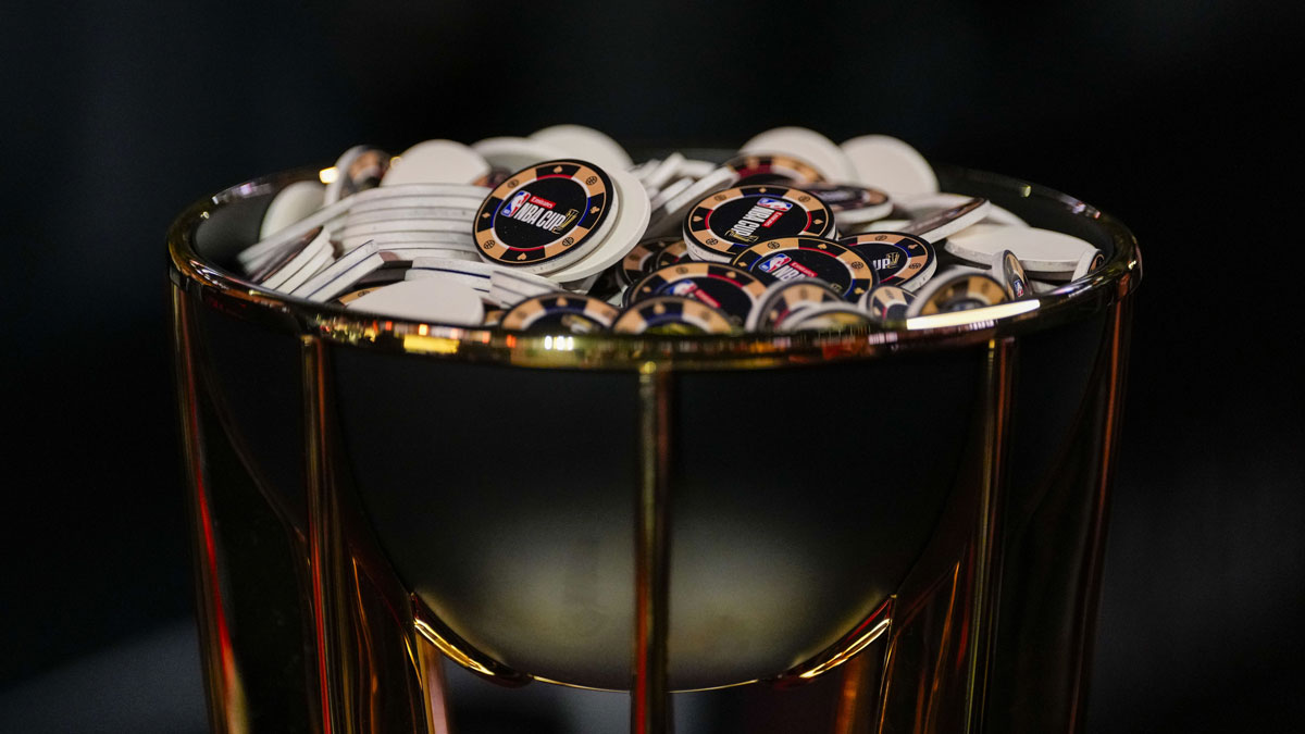 Gambling chips in the top of the trophy during practice prior to the Emirates NBA Cup semi-finals at T-Mobile Arena.