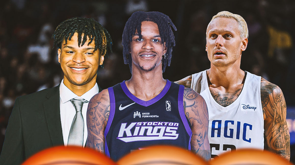 Shaqir O'Neal and Shareef O'Neal with Magic Janis Timma behind them