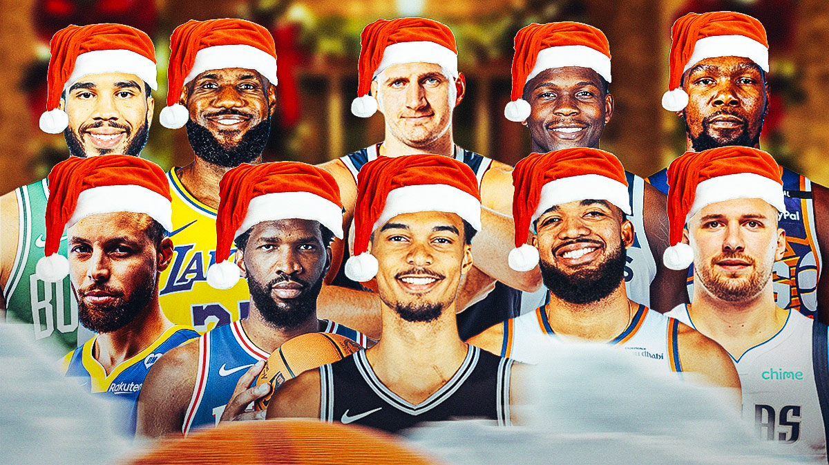 Stephen Curry, Joel Embiid, Victor Wembanyama, Karl-Anthony Towns, Anthony Edwards, Luka Doncic, Jayson Tatum, LeBron James, Nikola Jokic, Kevin Durant all together all wearing Santa hats. Snow falling around the graphic/a Christmas theme to the graphic.