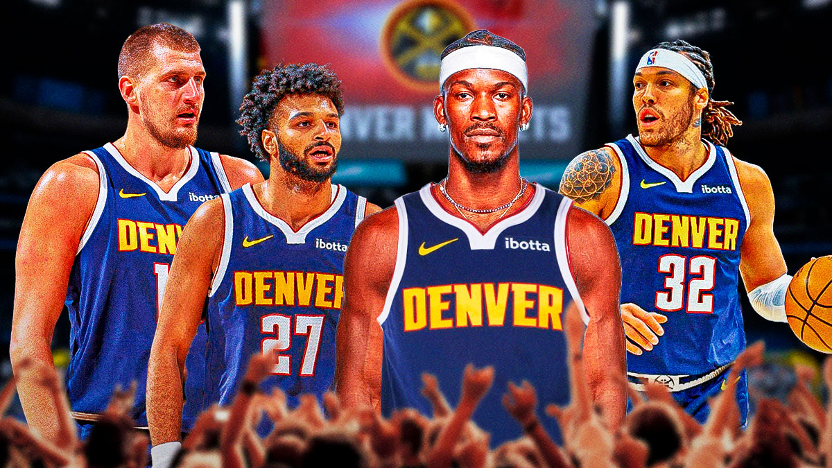 Jimmy Butler in a Denver Nuggets jersey with Nikola Jokic, Jamal Murray, and Aaron Gordon