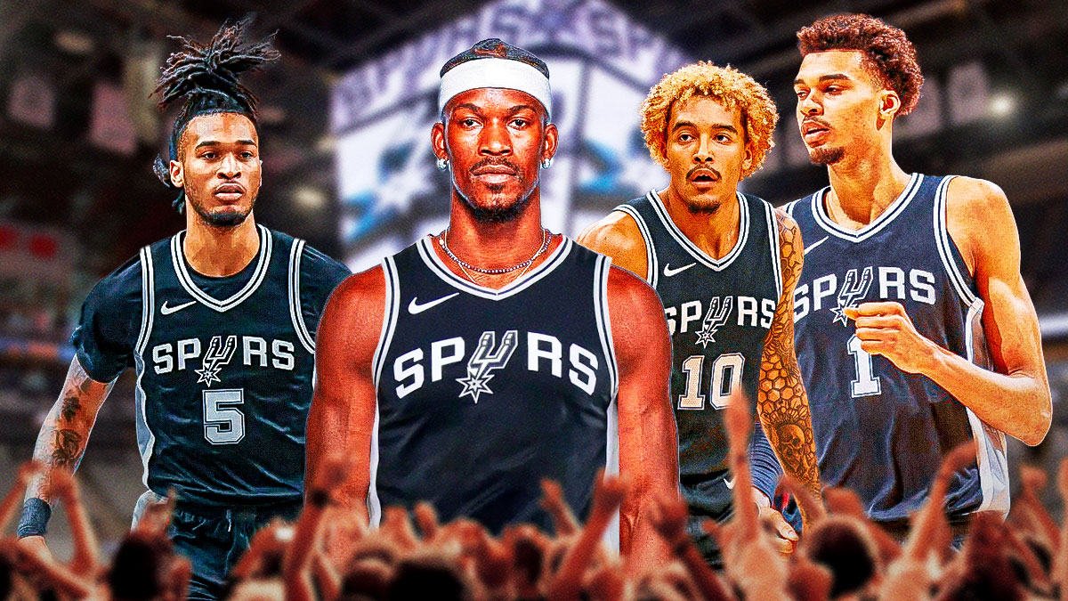 Jimmy Butler in a San Antonio Spurs jersey with Victor Wembanyama, Stephon Castle, & Jeremy Sochan