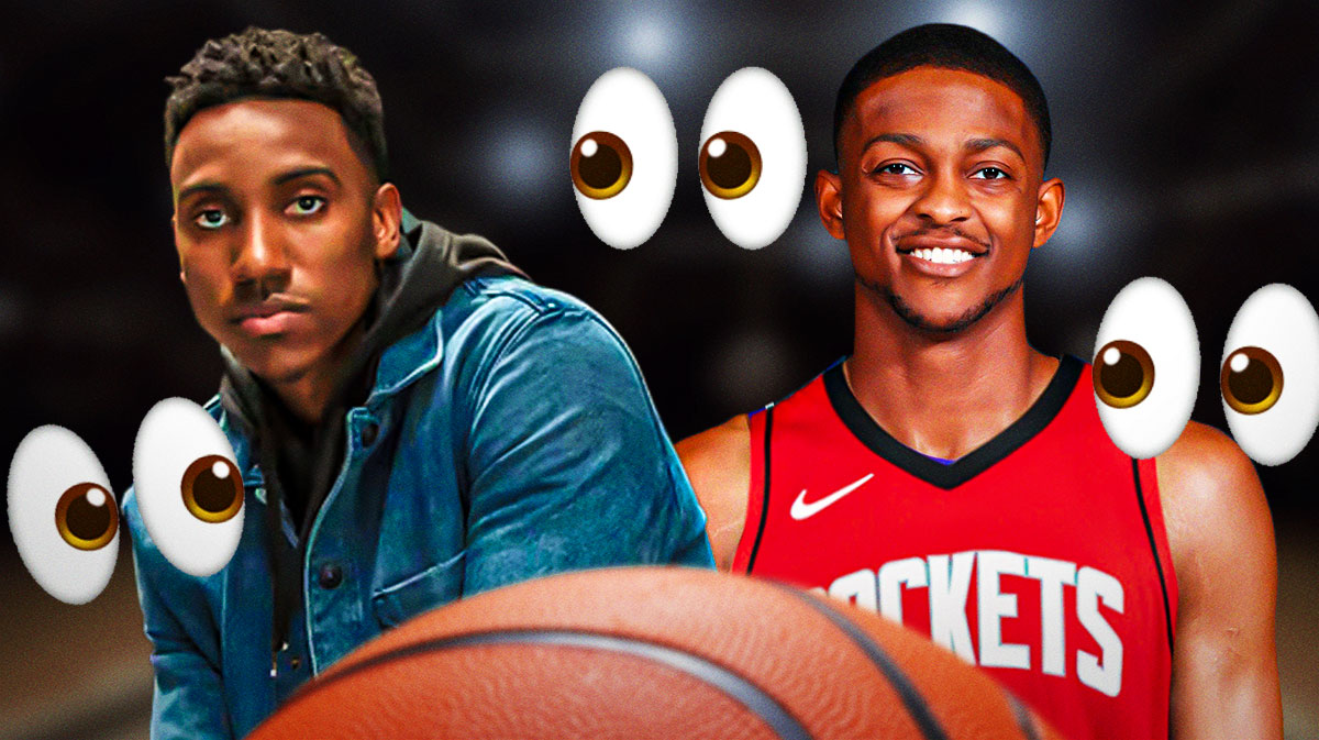 De'Aaron Fox photoshopped in a Rockets jersey and Jeff Teague with eye emojis surrounding the picture.