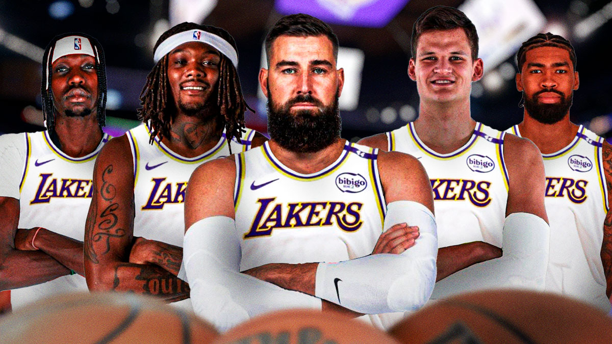 Chris Boucher, Robert Williams III, Jonas Valanciunas, Walker Kessler, & Nick Richards in Lakers jerseys