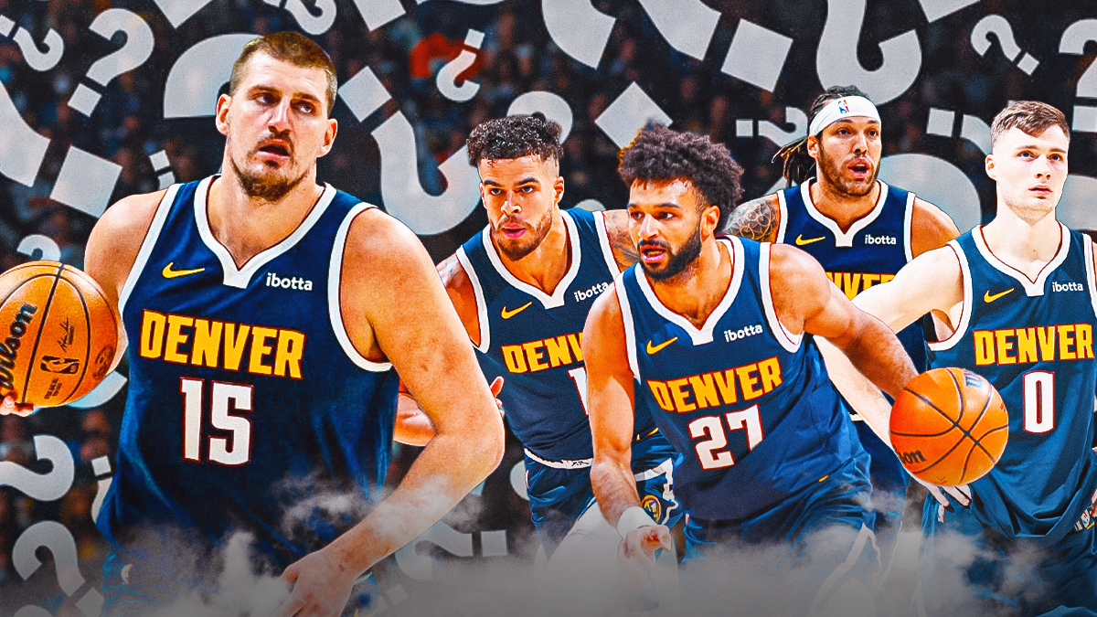 Nuggets' Nikola Jokic looking at Michael Porter Jr., Jamal Murray, Christian Braun and Aaron Gordon, question marks all over