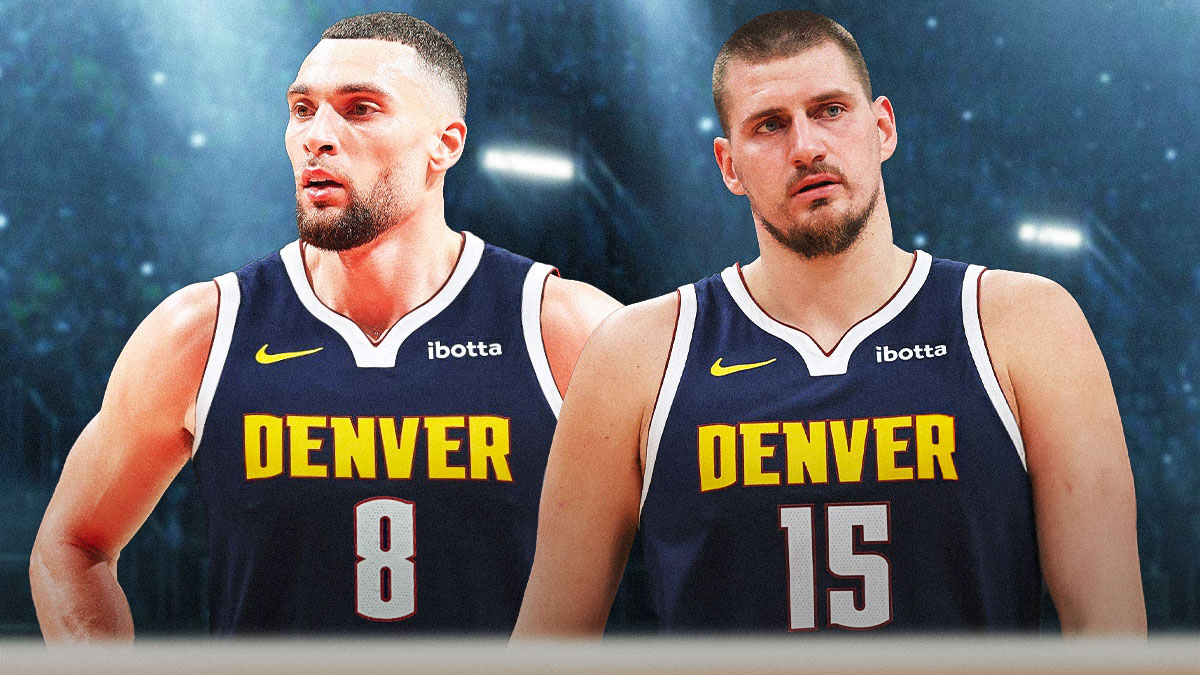 Nikoa Jokic next to Zach Lavine wearing a number 8 nuggets jersey on a Nuggets basketball court.