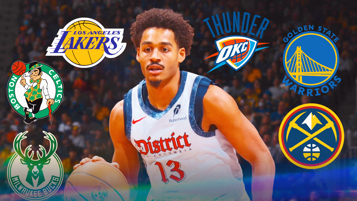 Wizards’ Jordan Poole hyped up, with Nuggets, Lakers, Warriors, Bucks, Celtics, Thunder logo around him