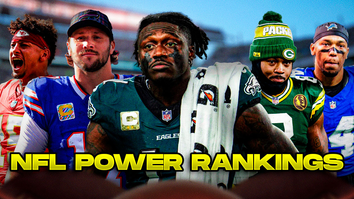 Cutouts of A.J. Brown (Eagles), Josh Jacobs (Packers), Josh Allen (Bills), Amon-Ra St. Brown (Eagles), and Patrick Mahomes (Chiefs) with the words NFL Power Rankings written at the bottom