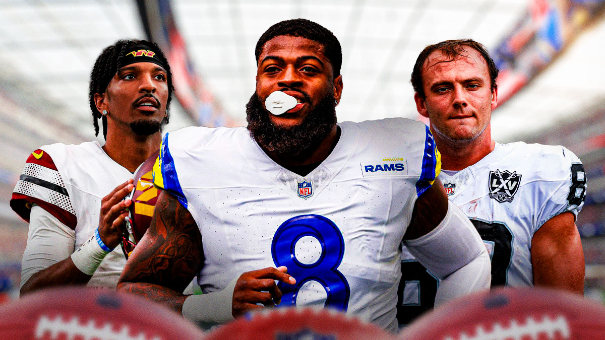 Jared Verse in the middle, Jayden Daniels, Brock Bowers around him, NFL wallpaper in the background