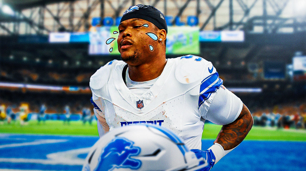 David Montgomery cries in Lions gear