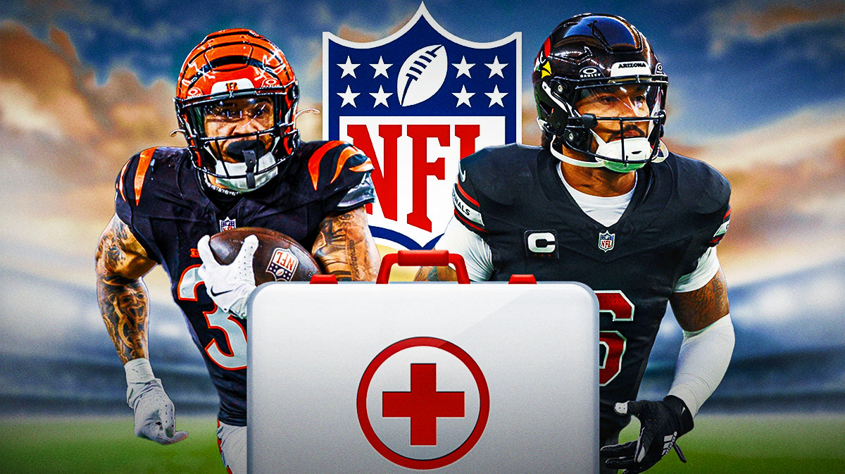 Arizona Cardinals RB James Conner and Cincinnati Bengals RB Chase Brown with injury symbols. There is also a logo for the NFL.