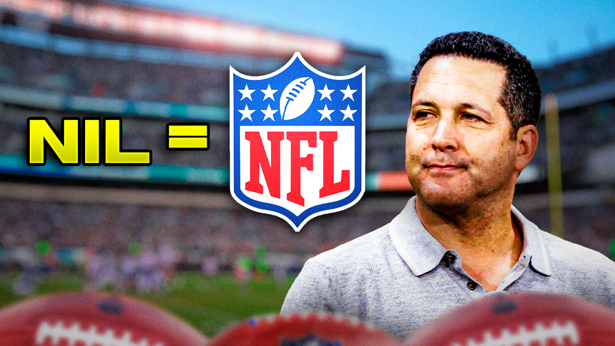 ESPN analyst Adam Schefter, with the words NIL, and an equal sign next to it, and next to the equal sign is the NFL logo