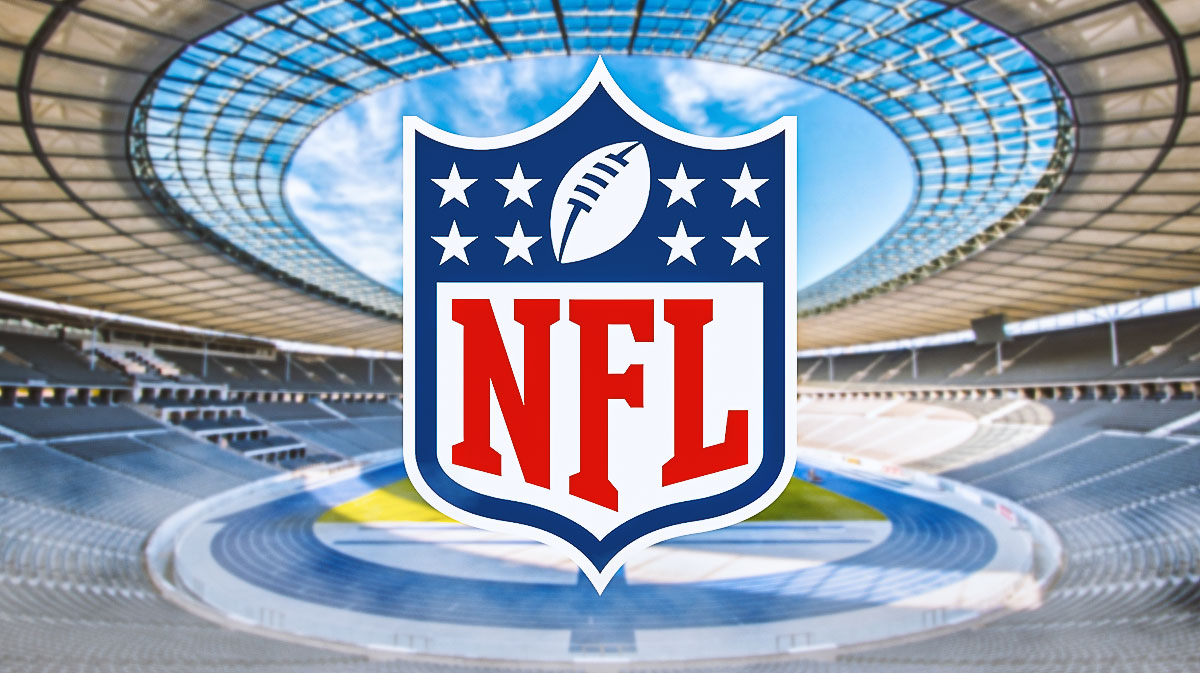 Berlin Olympic Stadium in Berlin, Germany is the background of this image. There is also a logo for the NFL.