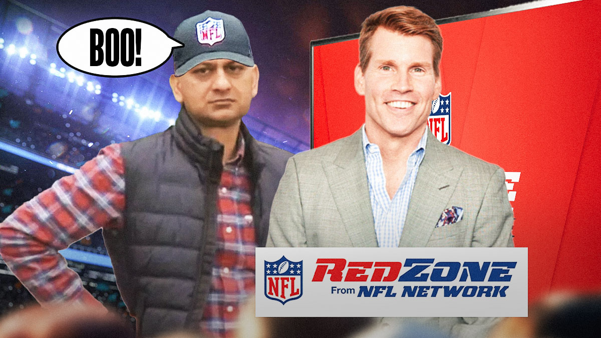 Guy with an NFL hat on saying "BOO!" above his head. He's looking at Scott Hanson and NFL RedZone on the screen.