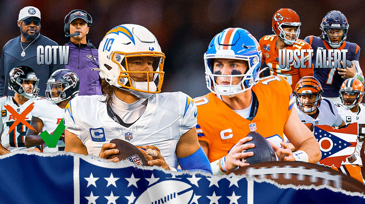 The NFL Week 16 predictions, picks, and odds column with a collage of - - Chargers Justin Herbert and Broncos Bo Nix large and in the middle - Steelers Mike Tomlin and Ravens John Harbaugh with "GOTW" stamped over them - Falcons Kirk Cousins with a red x over him next to Falcons Michael Penix Jr. with a green check mark on him - Texans C.J. Stroud and Chiefs Patrick Mahomes with "Upset Alert" stamped over them - Bengals Joe Burrow and Browns Myles Garrett with an image of the state of Ohio in between them
