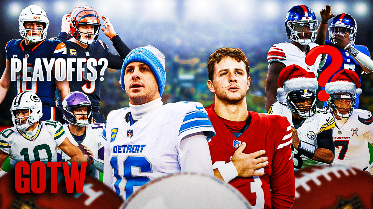 The NFL Week 17 picks, predictions, and odds column with a collage of - - Lions Jared Goff and 49ers Brock Purdy large and in the middle and a Christmas wreath in front of them - Packers Jordan Love and Vikings Sam Darnold with "GOTW" stamped over them - Texans CJ Stroud and Steelers Russell Wilson with Santa hats on - Shedeur Sanders and Cam Ward both in NY Giants jerseys wand a question mark in front of them - Bengals Joe Burrow and Broncos Bo Nix with "playoffs?" in front of them