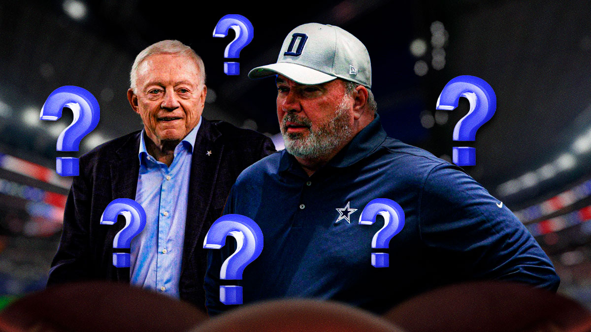 Dallas Cowboys head coach Mike McCarthy with Cowboys owner Jerry Jones and little green question marks surrounding them as McCarthy's future is still uncertain.