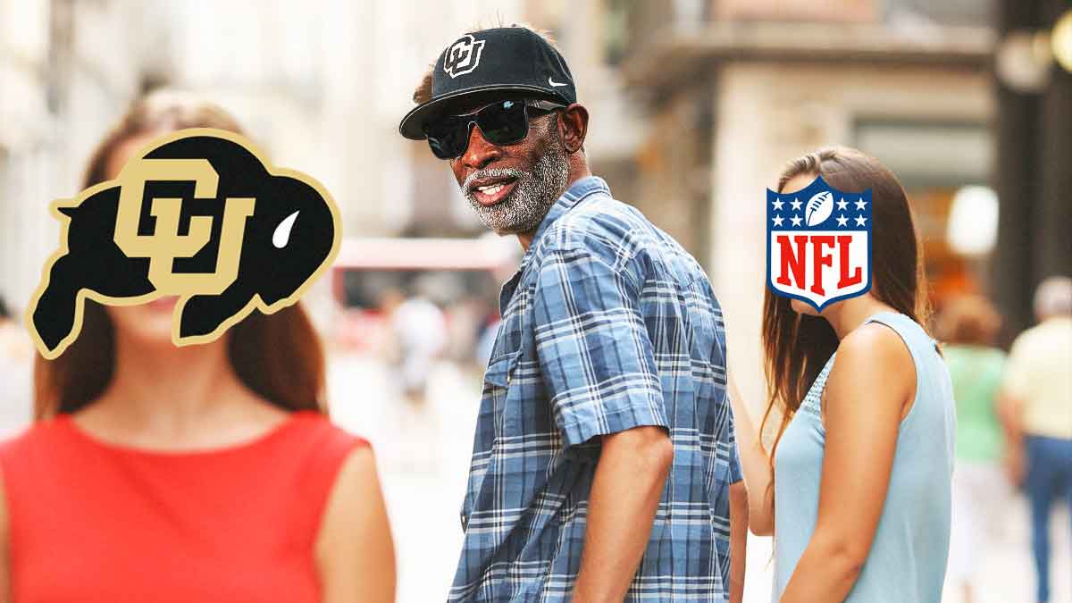 Deion Sanders looking at Colorado football logo, while dismissing NFL logo behind him.
