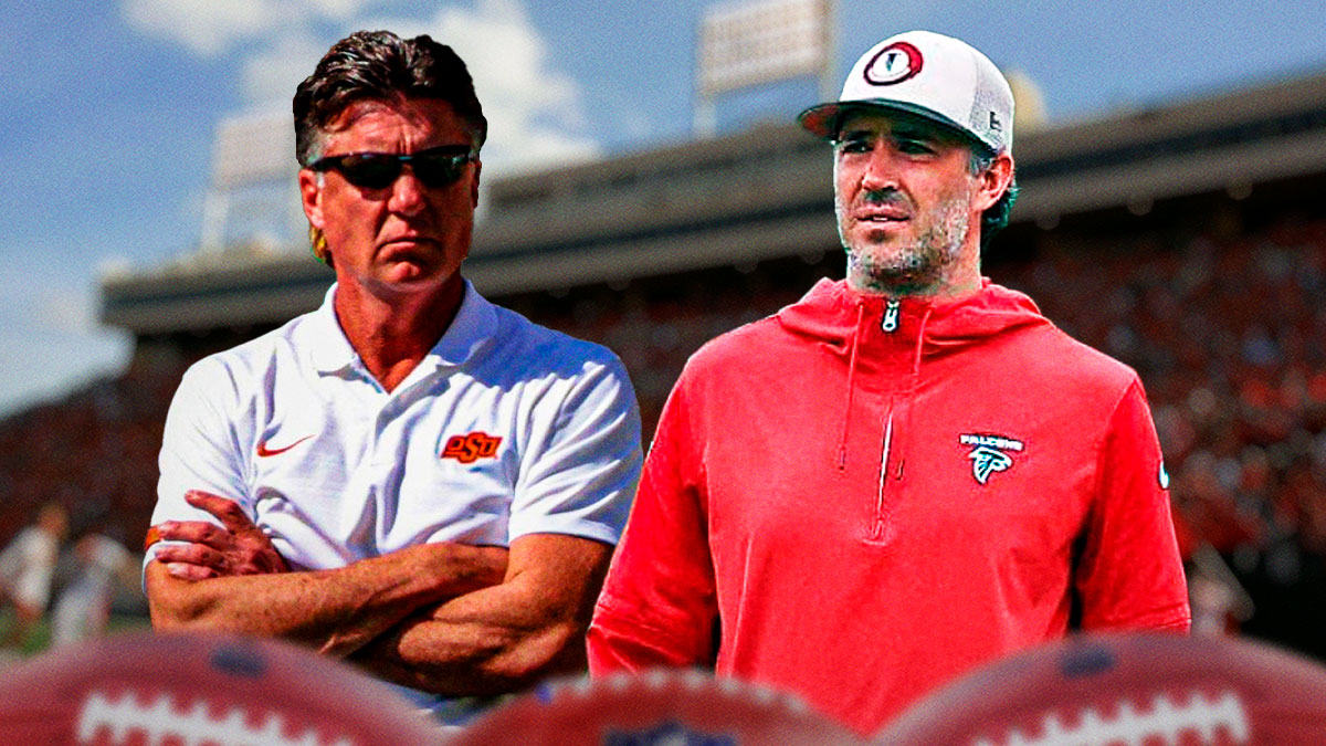 Oklahoma State football head coach Mike Gundy on left side, Atlanta Falcons offensive coordinator Zac Robinson on right side, Boone Pickens Stadium (home field of the Oklahoma State football team) in background