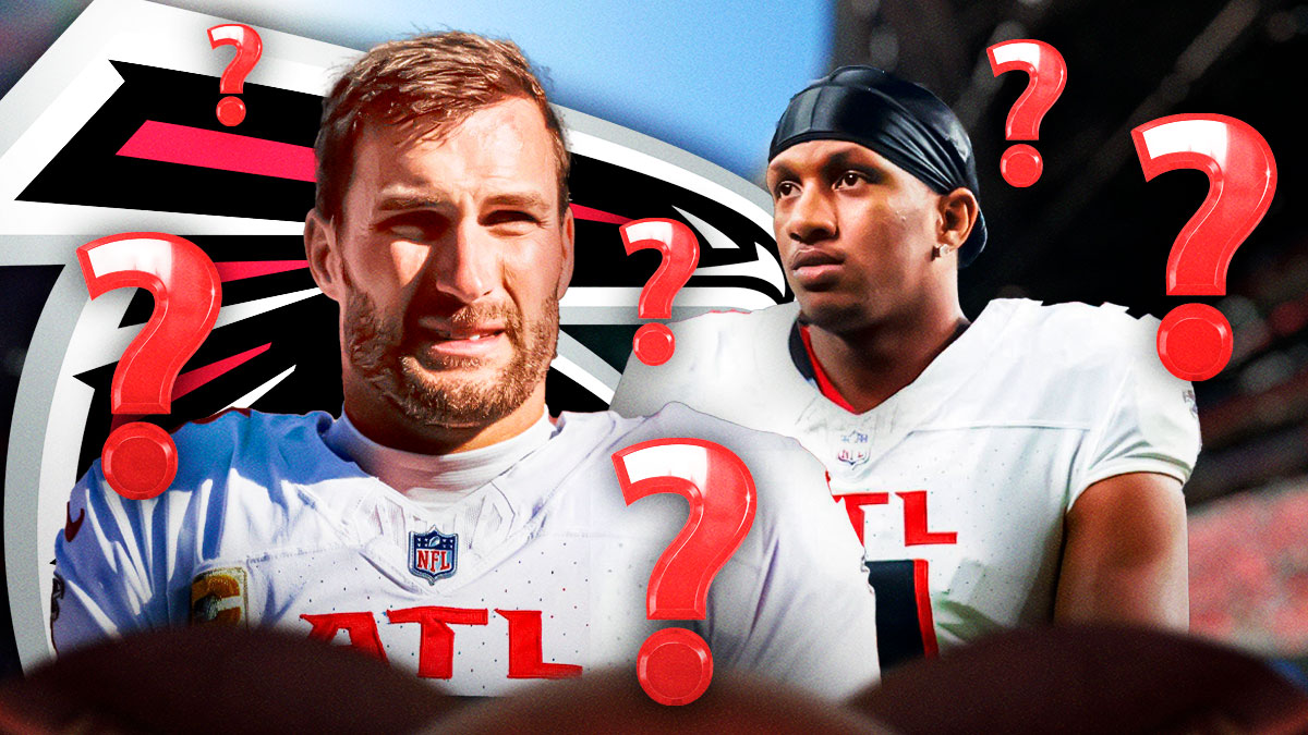 Atlanta Falcons QBs Kirk Cousins and Michael Penix Jr. They are surrounded by question mark emojis. There is also a logo for the Atlanta Falcons.