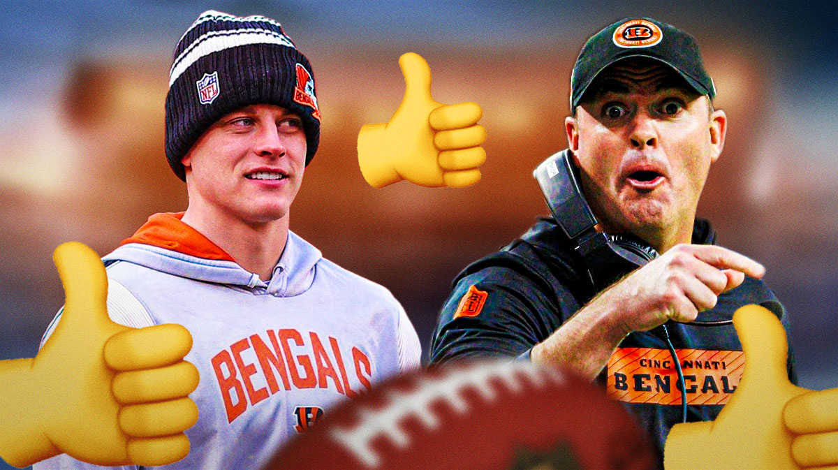 Bengals Joe Burrow smiling looking at Zac Taylor with thumbs up emojis all around