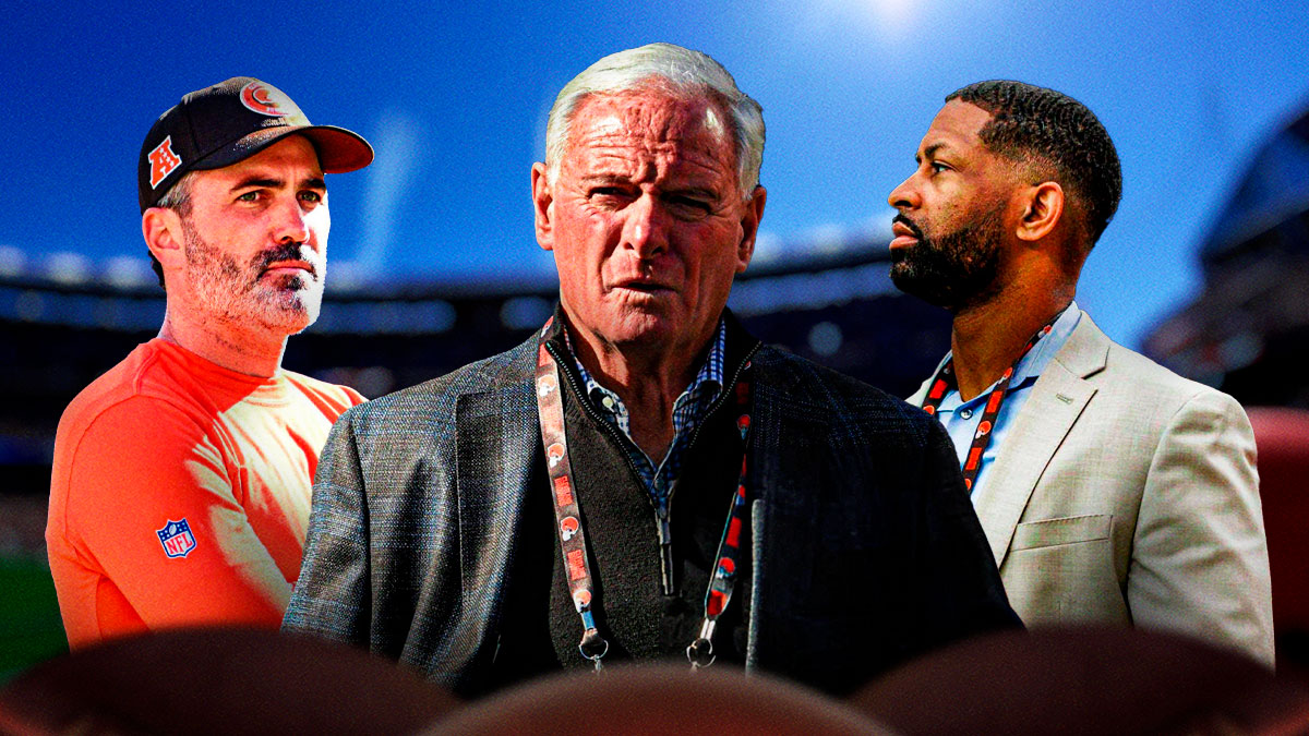 Cleveland Browns owner Jimmy Haslam in center, Cleveland Browns head coach Kevin Stefanski on left side, Cleveland Browns general manager Andrew Berry on right side, Huntington Bank Stadium (home stadium of the Cleveland Browns) in background