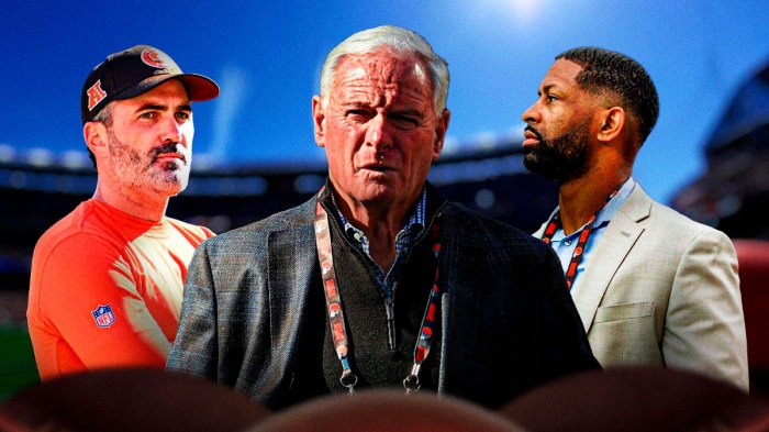 Cleveland Browns owner Jimmy Haslam in center, Cleveland Browns head coach Kevin Stefanski on left side, Cleveland Browns general manager Andrew Berry on right side, Huntington Bank Stadium (home stadium of the Cleveland Browns) in background