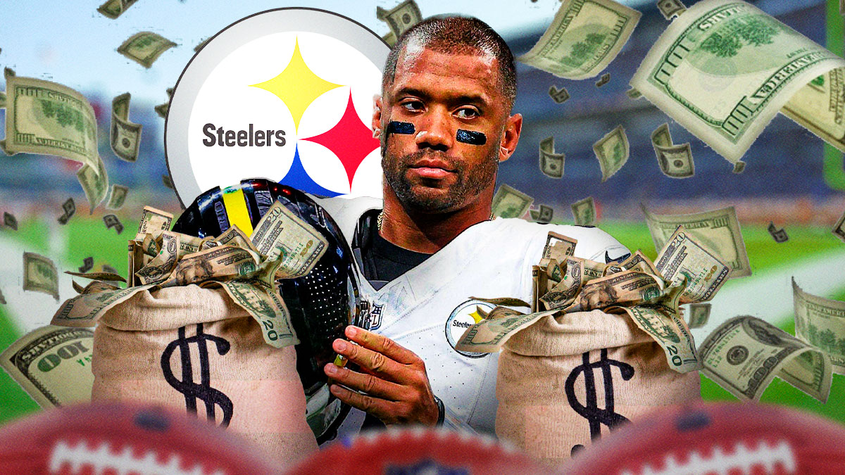 Steelers quarterback Russell Wilson with money bags and questions marks around him, as well as the Steelers logo