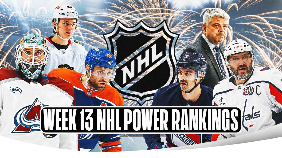 Mackenzie Blackwood, Leon Draisaitl and Connor Bedard on one side, Chris Kreider, Alex Ovechkin and Todd McLellan on other side, NHL logo in middle, Text: Week 13 NHL Power Rankings