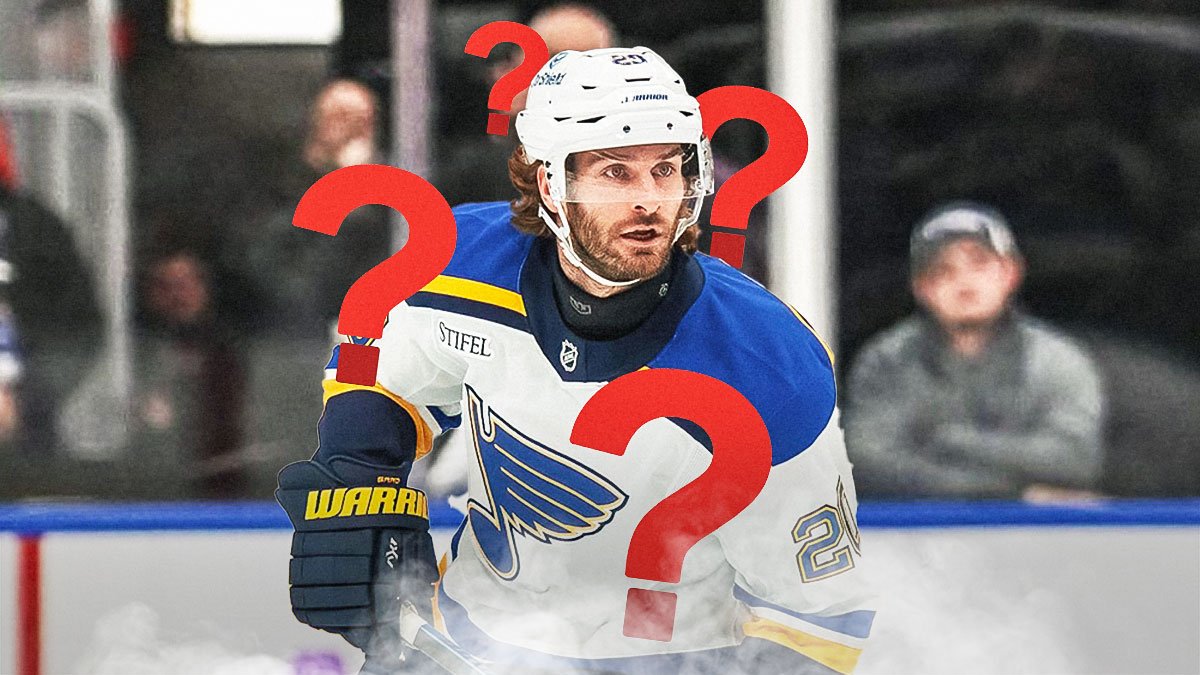 Blues forward Brandon Saad with question marks around him