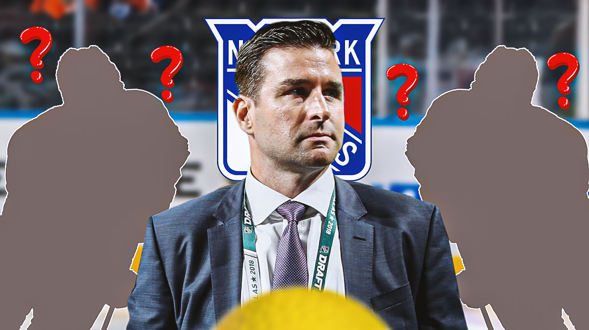 1 silhouetted player on each side, Rangers GM Chris Drury in middle, 3-5 question marks, New York Rangers logo, hockey rink in background