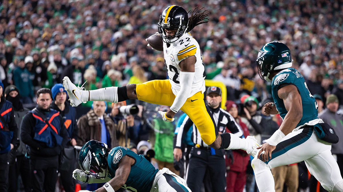Pittsburgh Steelers running back Najee Harris (22) leaps over Philadelphia Eagles safety C.J. Gardner-Johnson (8) while running with the ball during the first quarter during the first quarter at Lincoln Financial Field.