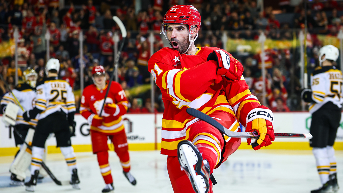Calgary Flames center Nazem Kadri (91) celebrates his goal against the Boston Bruins during the second period at Scotiabank Saddledome.