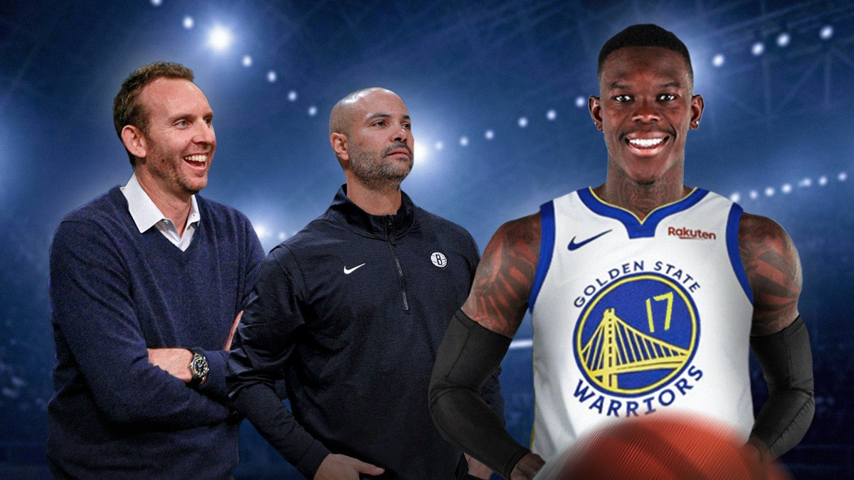 Sean Marks and Jordi Fernandez looking at Dennis Schroder in a Warriors uniform