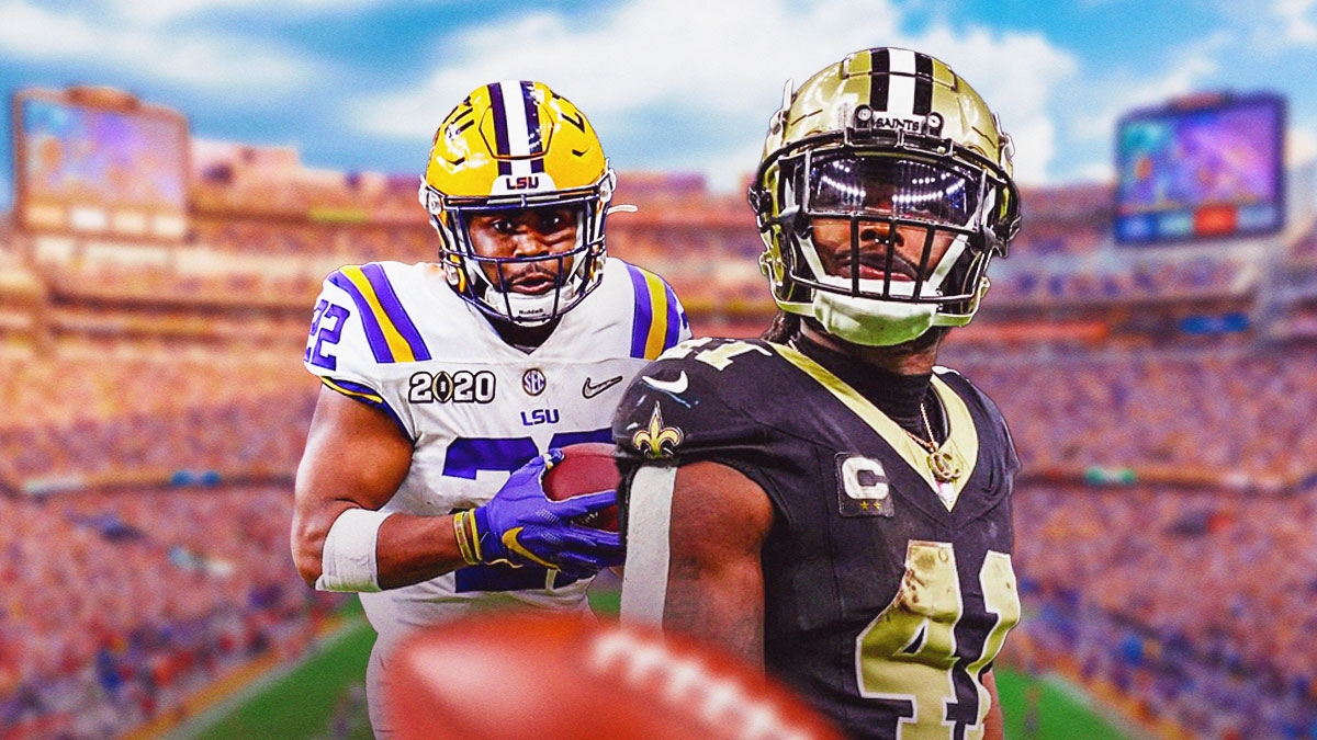 Clyde Edwards-Helaire in his LSU gear next to Alvin Kamara