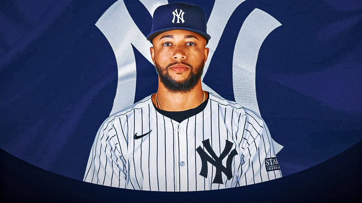 Brewers' Devin Williams wearing a Yankees jersey next to a Yankees logo.