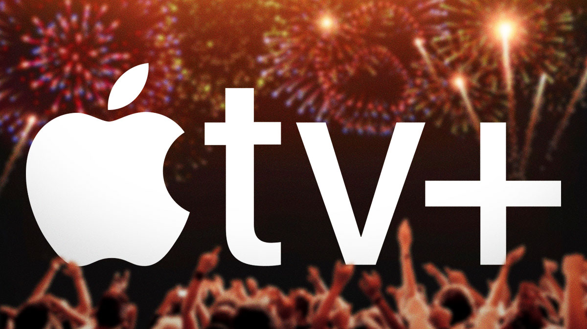 Apple TV+ logo with New Year's fireworks in background.