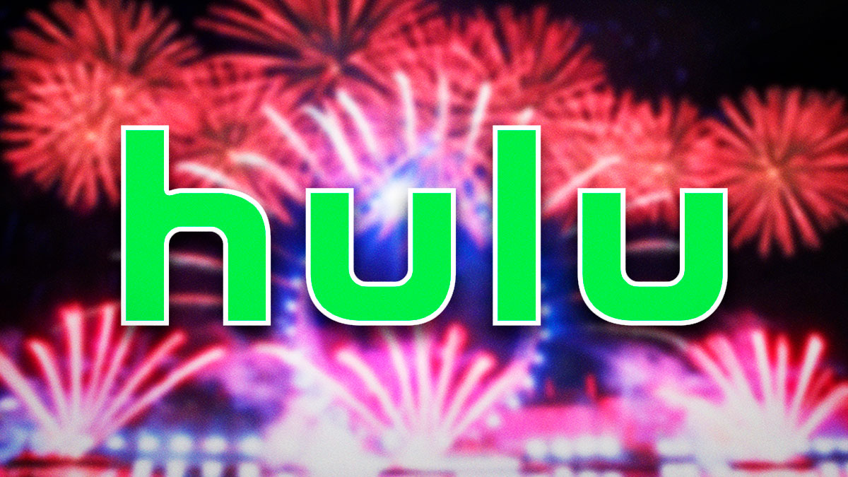 Hulu logo in front of New Year's fireworks.